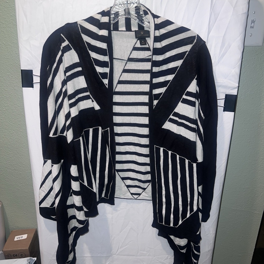 Women's Worthington Cardigan Sweater White Black Open Front Long Sleeve Small